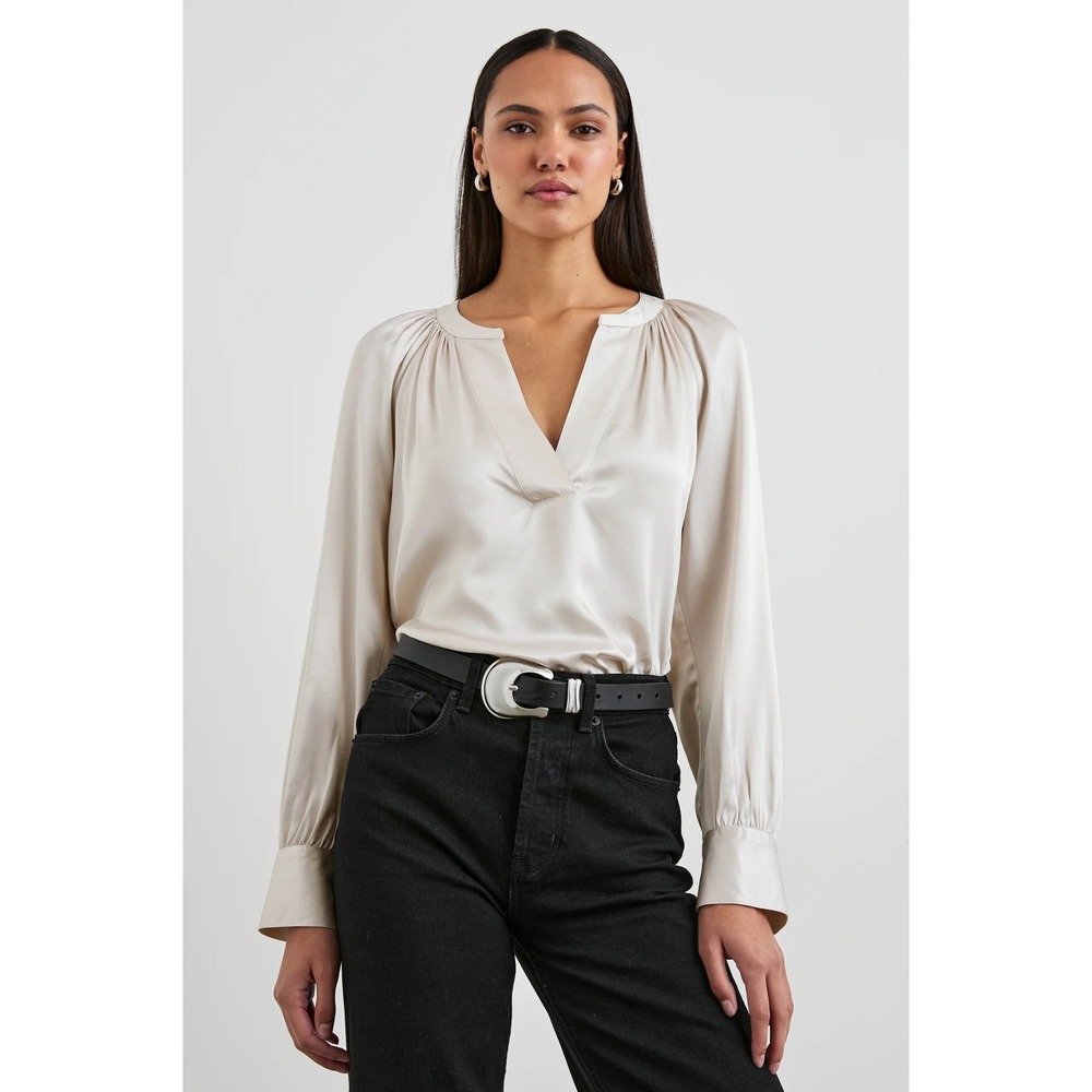 Rails Women Champagne‎ Pearl Satin V-Neck Long Sleeve Blouse Top Large